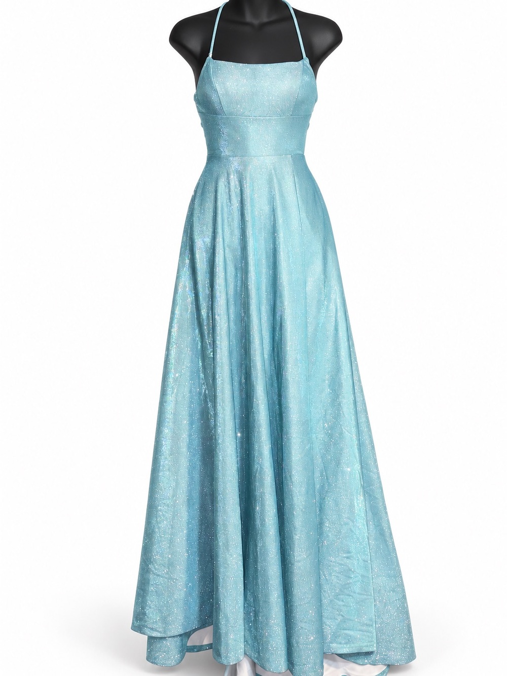 B. Darlin Metallic Aqua Blue / Teal Glitter Maxi Gown